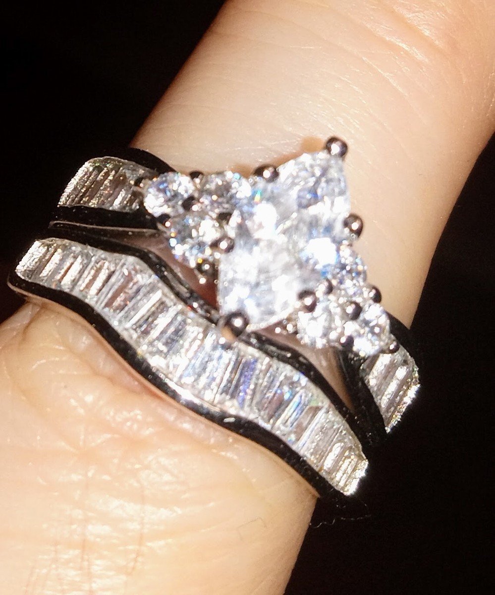 CZ ENGAGEMENT AND WEDDING BAND SET RHODIUM PLATED STERLING SILVER