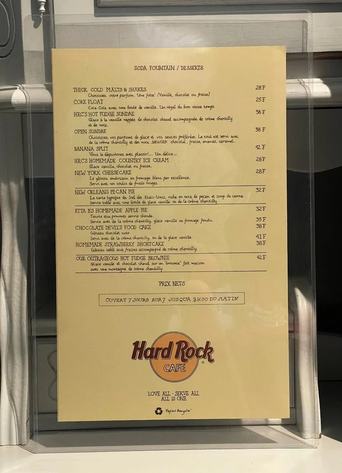 VTG Collector's Hard Rock Cafe Paris France Restaurant Laminated Menu 1992 - Image 2 of 3