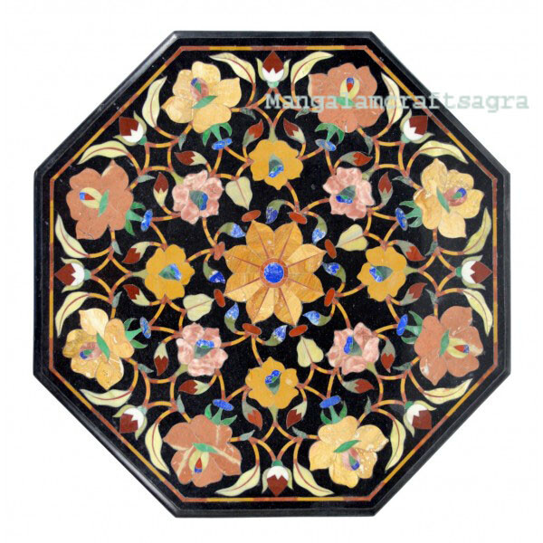 24-Inch Black Marble Coffee Table with Semi-Precious Stone Inlay Handmade Artisan Home Decor