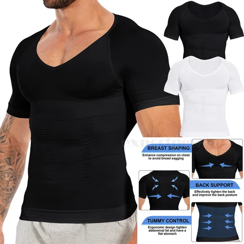 Camiseta de compresión para hombre adelgazante modeladora de cuerpo cuello en V ginecomastia abdomen - Imagen 1 de 49