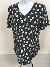 Scrub Star Women Scrub Top Size S Gray with Flowers Short Sleeves Pockets V neck