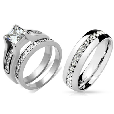 3pc Couple Ring Set – Women’s White Gold Plated CZ Engagement Ring & Men’s Stainless Steel Band, Wedding Set For Him And Her