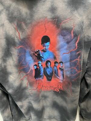 H&M Stranger Things Hoodie Sweatshirt Embroidered Logo Acid Washed Sz Large 
