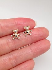 Gold Teddy Bear Stud Earrings Sterling Silver 925 CZ Tiny Studs Women Girls 9mm