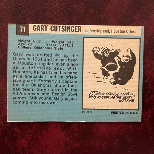 1964 Topps AFL Set Gary Cutsinger Rookie raro SP #71 Oilers como nuevo *alta calidad* - Imagen 2 de 2