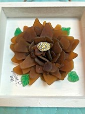 Medium Sea Glass Amber Sunflower on White wood frame, OOAK 224