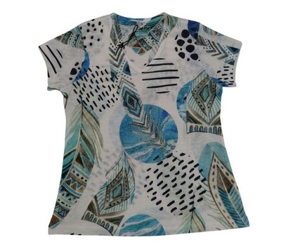 Milano Womens S Blue & White Short Sleeve Top With Abstract Feather & Dot Design