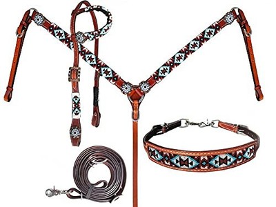 Showman Leather Headstall & Breast Collar Set w/ Beaded Southwest Design