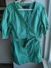 ASOS Green Denim Puff Sleeve Dress Size 14 | 100% Cotton Button Front Mini