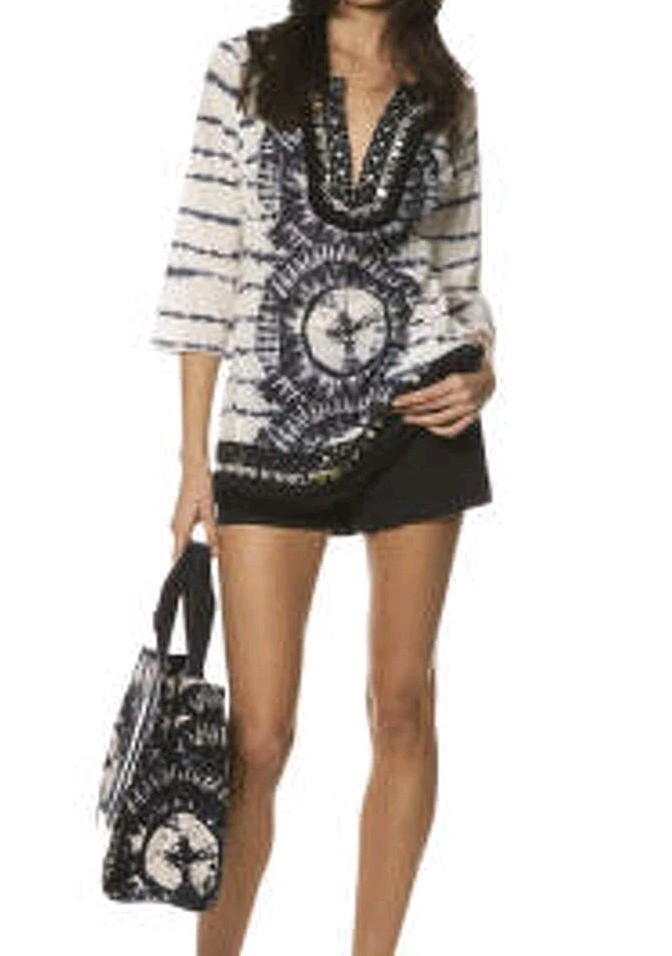*Tory Burch Stephanie Women's 2 Mirror-Embellished Tunic Top White Navy Tie Dye 