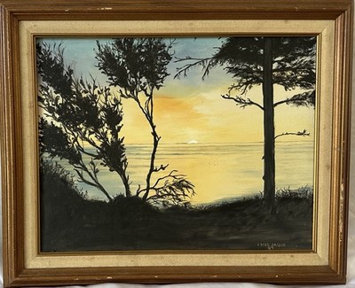 Vintage MCM California Sun Set Painting Oil On Canvas By Estel Jaque Dated 1947