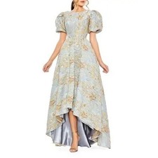 Mac Duggal 11608 Blue Gold Metallic Floral Brocade Puff Sleeve High Low Gown Sz6