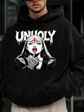  Unholy Nun Skeleton Hand Graphic Hoodie - Gothic Punk Style Artistic Print Pull