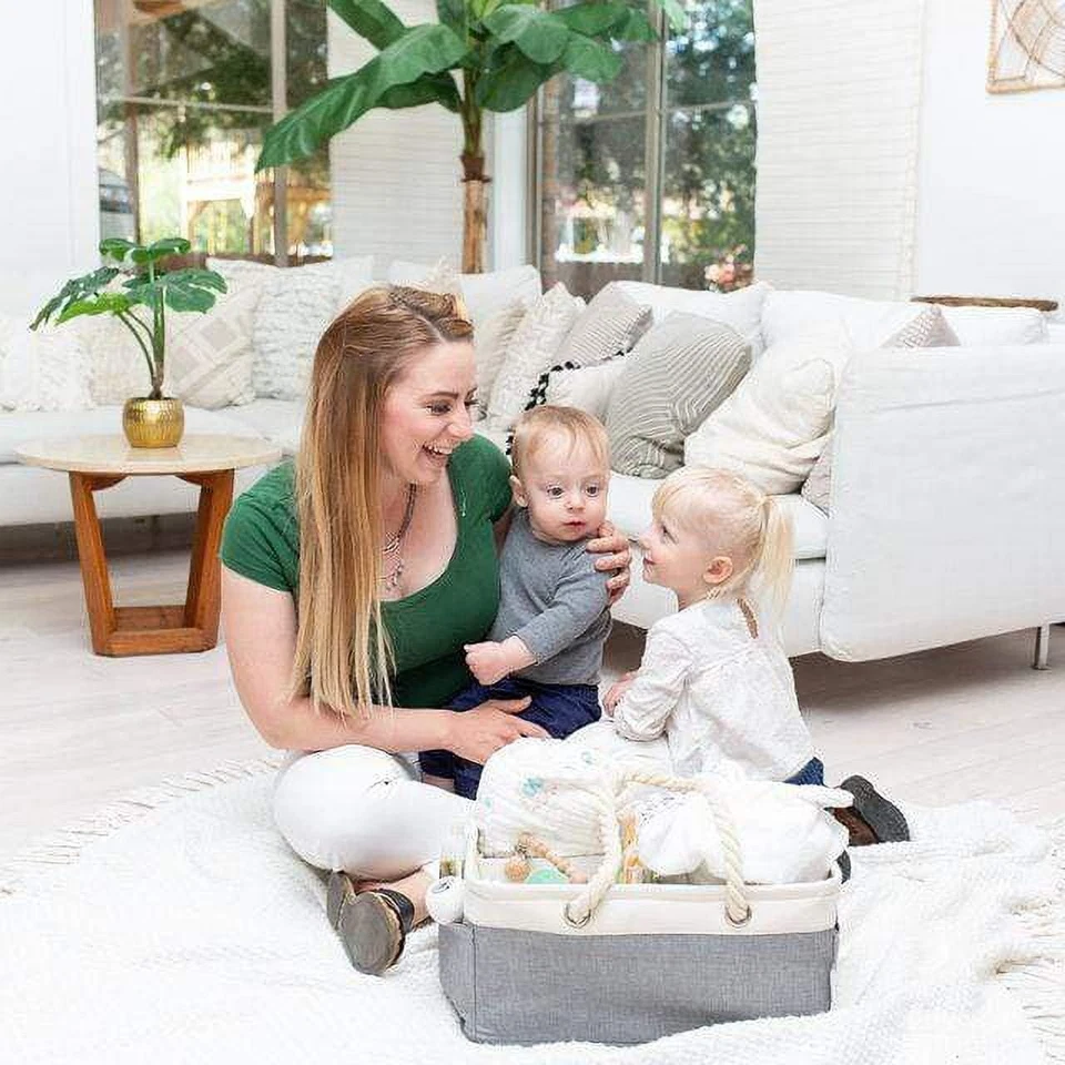 ARABELLA BABY PEQUENO CADDY DE LONA COM ALÇAS DE CORDA - BRANCO/CINZA URZE - Imagem 2 de 4