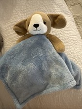 Carter s Brown White Plush Puppy Dog Lovey Blue Security Blanket 14 -