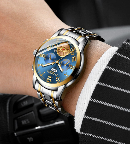 Reloj para hombre, acero inoxidable, cuarzo, luminoso, clásico 4