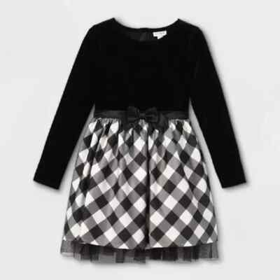 Cat & Jack Velour Dress Black & White Buffalo Plaid Holiday Dress XL
