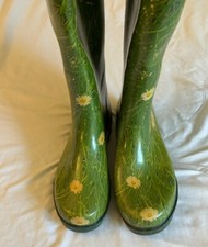 RARE Vintage Esschert Design Women's 7.5 EU 38 Green Daisy Print Rain Boots