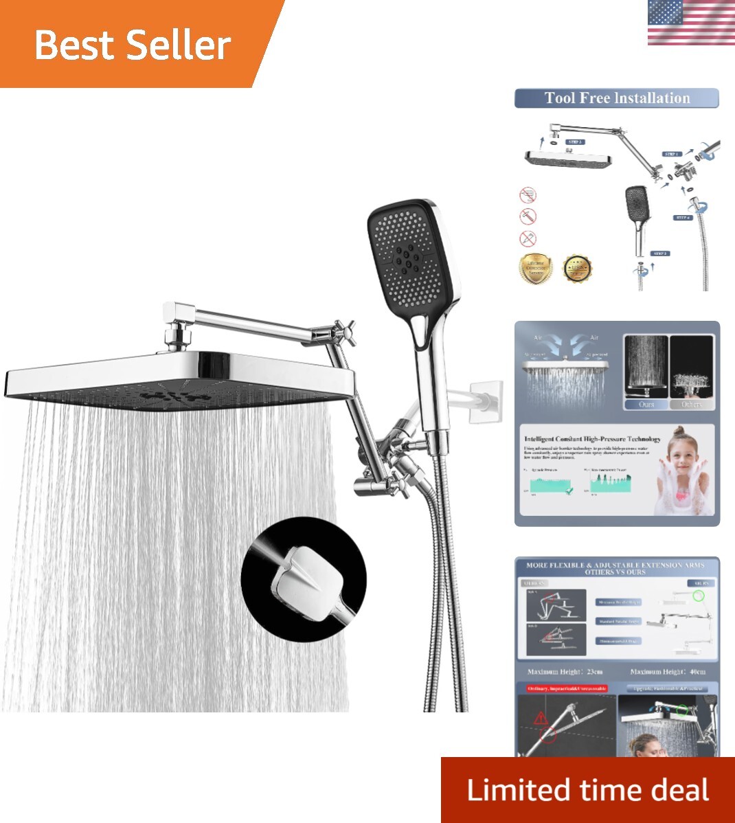 14 Inch Shower Head With Handheld, High-Pressure Rain/Rainfall Shower Heads W...