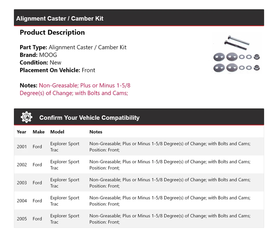 For 2001-2005 Ford Explorer Sport Trac Alignment Caster / Camber Kit Front MOOG - Image 2 of 4