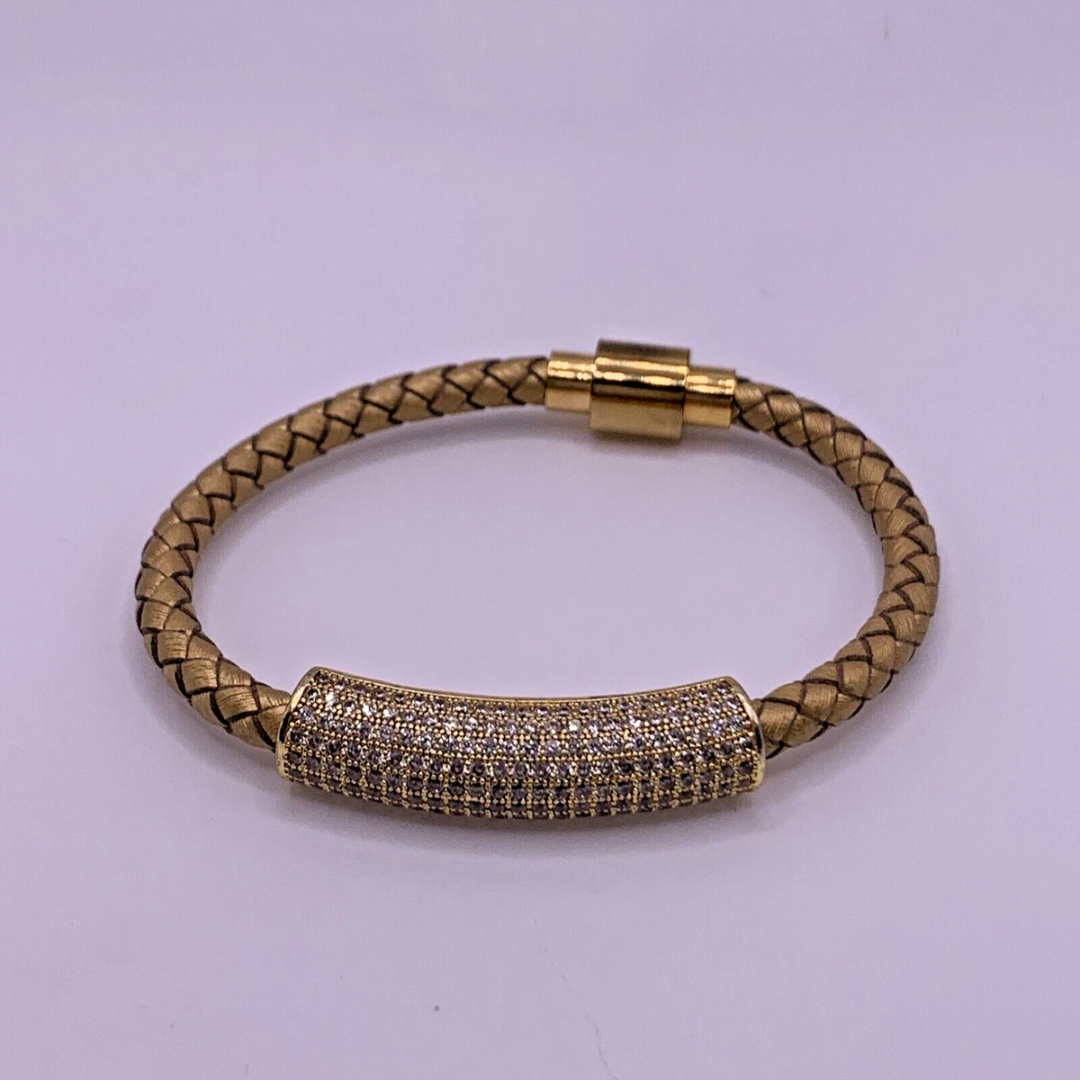 Icon Forever Gold Tone Leather Braided Pave Crystal Magnetic