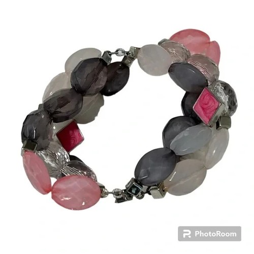 Pink Gray Beaded Stretch Bracelet