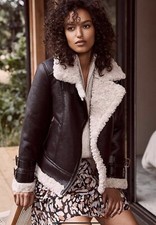Mint Velvet Aviator Jacket With Faux Fur Lining & Gold Hardware - Size Medium