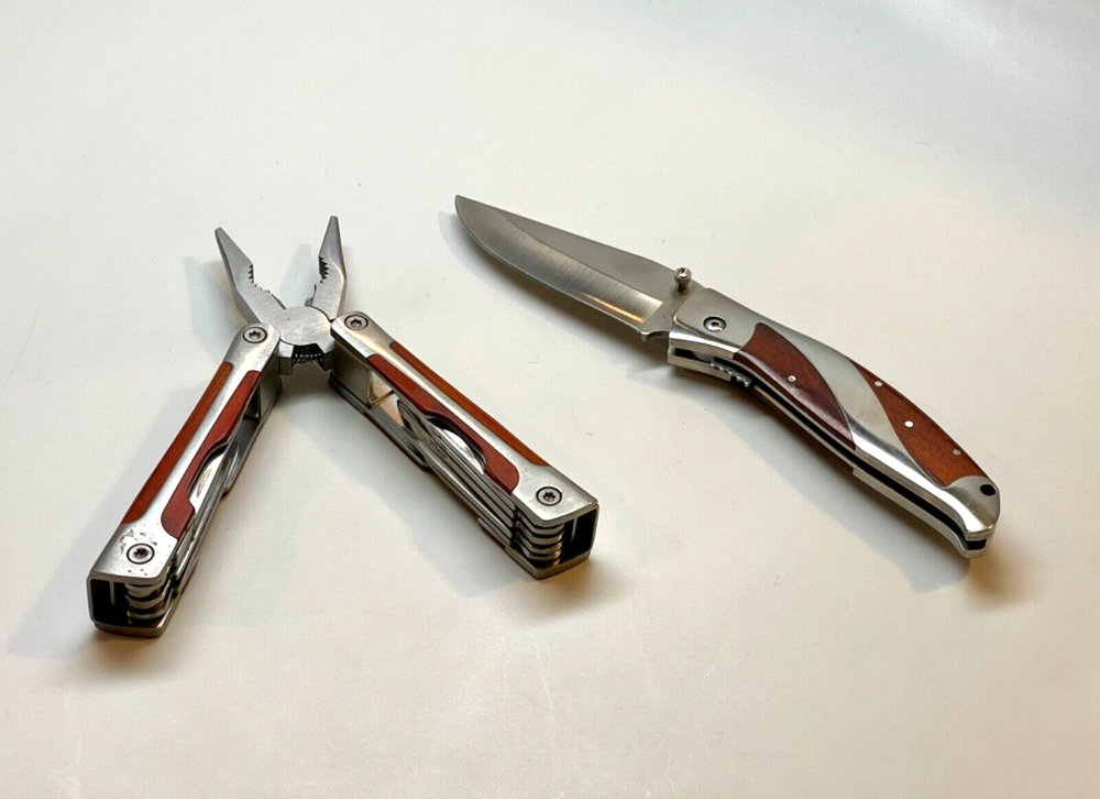 Multi Tool and Folding Knife Set - Stainless Steel Blades w/Wood Handle Inlays