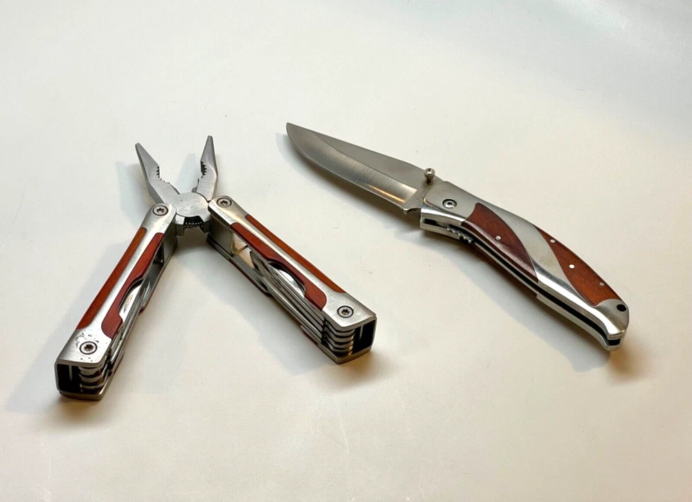 Multi Tool and Folding Knife Set - Stainless Steel Blades w/Wood Handle Inlays