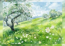 Spring Meadow 5"x7" Print on Matte Paper | Blossom Tree Watercolor Landscape Art