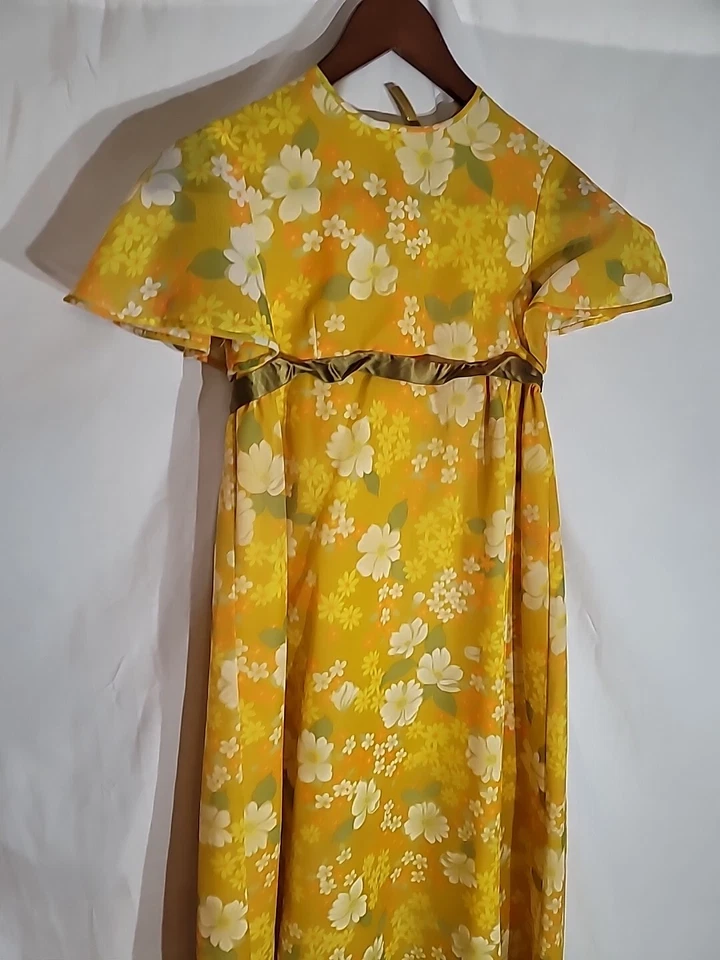 Maxi Vestido Vintage Amarillo Floral de Gasa Talla Pequeña Foto 4 de 4