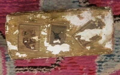 Rare vintage golden paint unique old stamp coffin shape Italian trinket box ODD