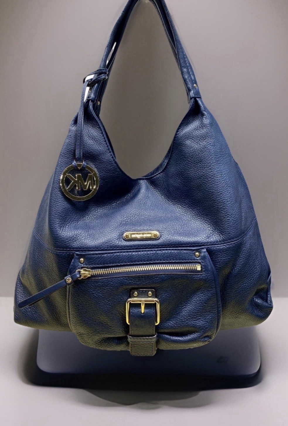 Michael Kors Fulton Blue Pebbled Leather Buckle Pocket Large Hobo Shoulder Bag