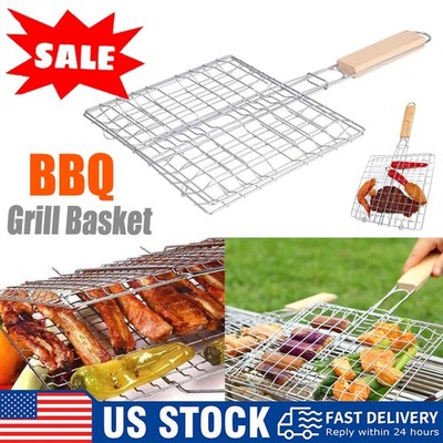 Portable BBQ Grill Basket Long Handle Stainless Steel Fish Vegetables Outdoor US