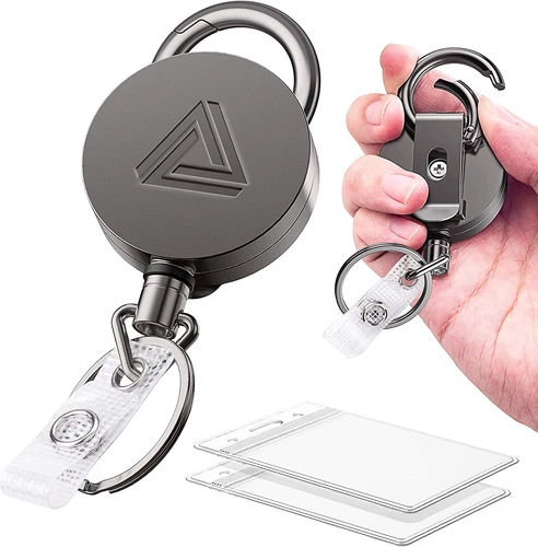 2 Pack Heavy Duty Metal Retractable Badge Holder Reel with Belt Clip Key Ring an - Picture 1 of 12