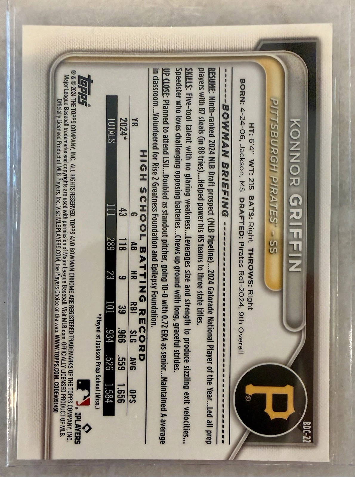 Topps 2024 Bowman Chrome 1st Bowman Konnor Griffin BDC-21 Pirates - product detail image 2