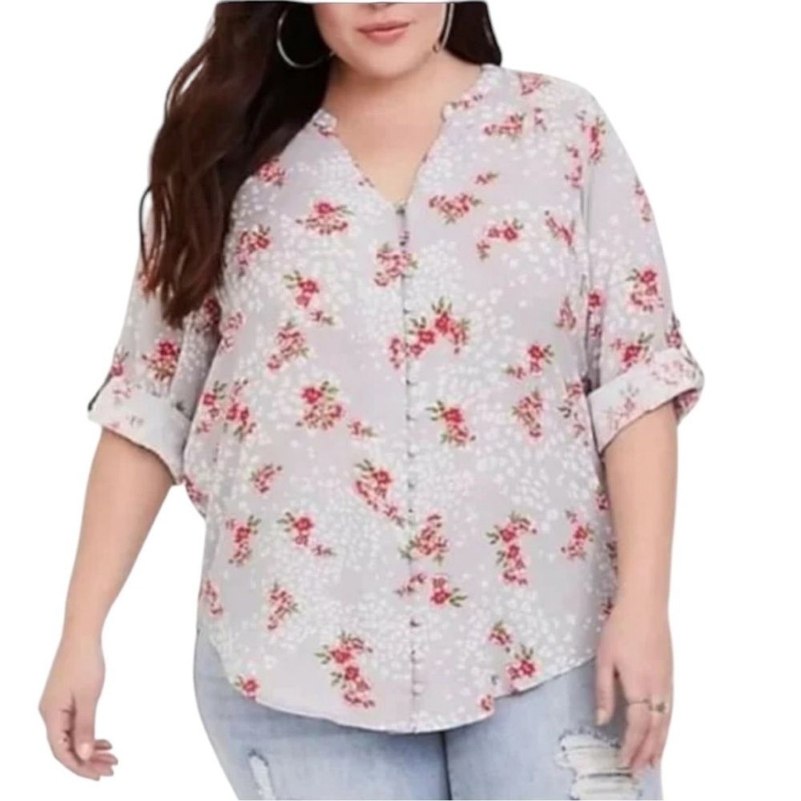 Torrid Blouse Harper Challis Leopard Floral Print Gray Red Womens Size 3X