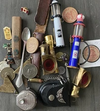 Vintage JUNK DRAWER Lot Lapel Pins Knife Gearbox Gas Pump Tokens Pendant Metals