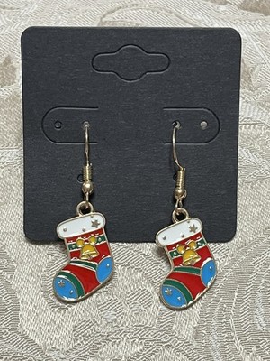 Retro Christmas Stocking Holiday Gold Loop Enamel Drop Dangle Adorable Earrings