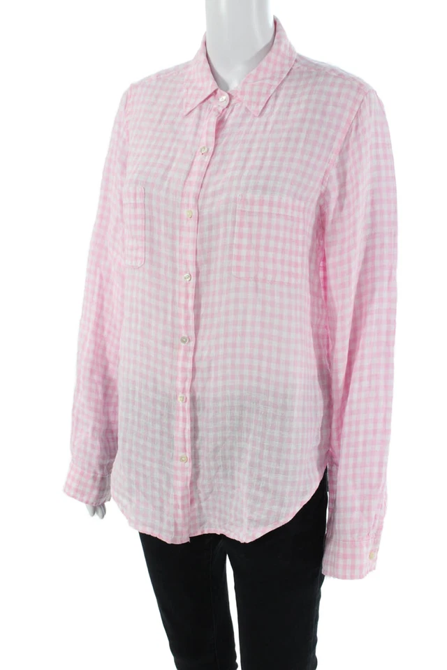 Camisa Lilly Pulitzer para mujer de lino a cuadros con botones rosa blanco talla mediana Foto 3 de 4