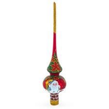 Santa Climbing Down Chimney on Red Mouth Blown Glass Tree Topper 11 Inches
