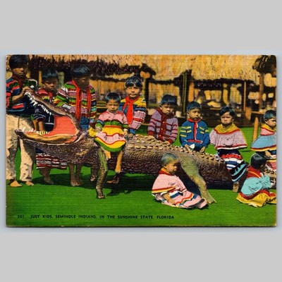 Postcard Just Kids Seminole Indians Florida Alligator