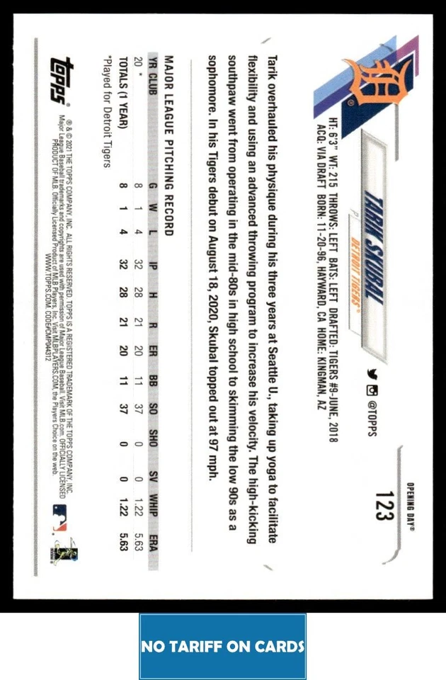 2021 Topps Opening Day Tarik Skubal Rookie Detroit Tigers #123 - Image 2 of 2