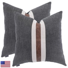 BOYSUM Set of 2 Black 24"x24" Cotton Linen Faux Leather Throw Pillow Covers