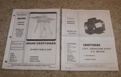 Craftsman 113 Table Saw Owner's Operator's Manual 113.298751, 113.12172 Motor