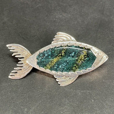 Vintage 925 Sterling Silver FISH BROOCH Pin Glass Belly Translucent Blue Gold