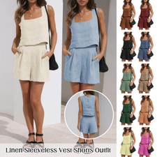 Line Sleeveless Square Women Neck Vest Shorts Outfit Casual Summer 2 Pieces Suit
