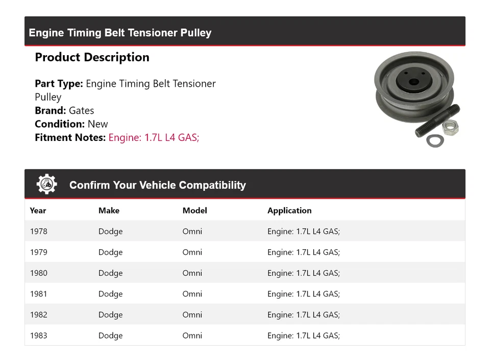 Para Dodge Omni 1978-1983 1,7 L L4 Motor Gas Correa de distribución Tensor Polea Puertas Foto 2 de 4