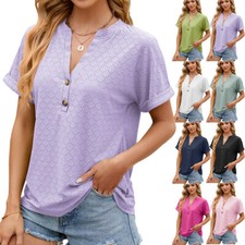 2025 new solid color V-neck button loose short sleeved T-shirt top for women