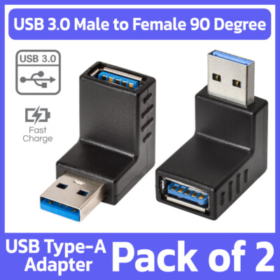 2 Pack USB 3.0 Adapter Type-A Right Angle USB Cable Extender 90 Degree ...